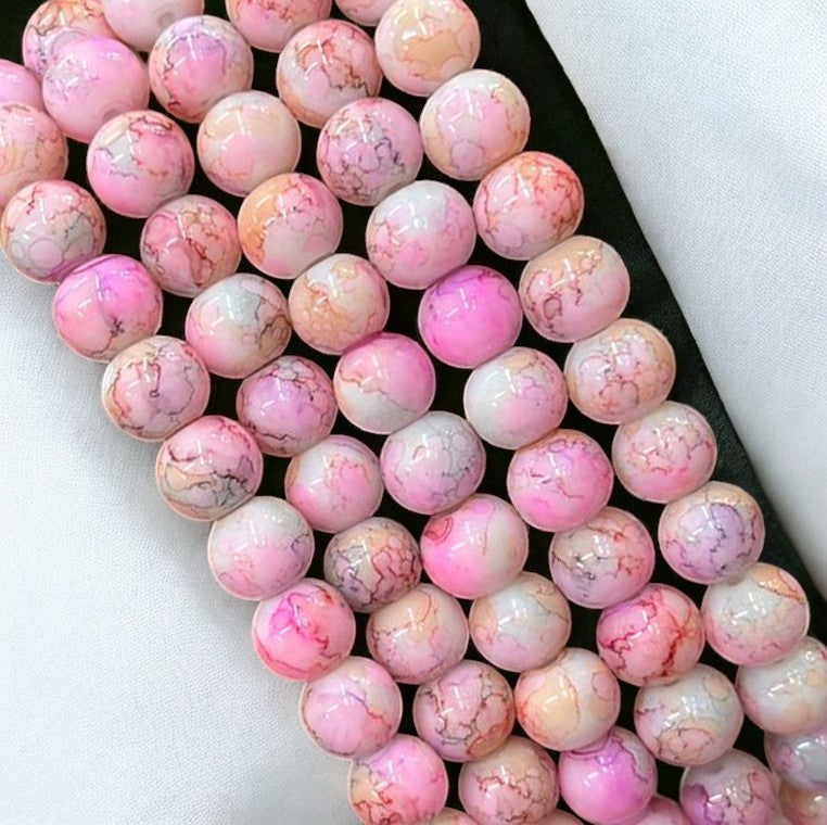 Pink Beige Printed Glass Beads - 8mm Eva Fashion and Craft