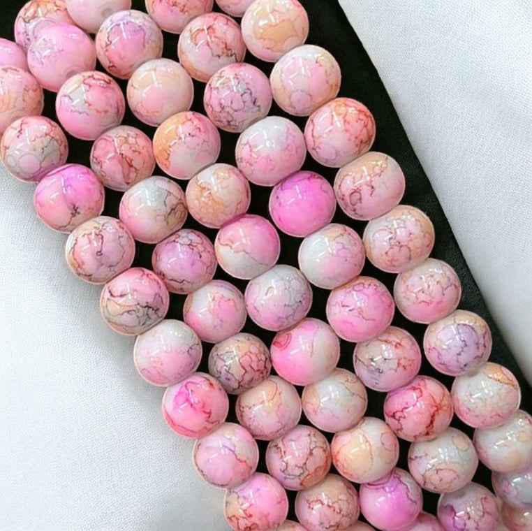 Pink Beige Printed Glass Beads - 8mm