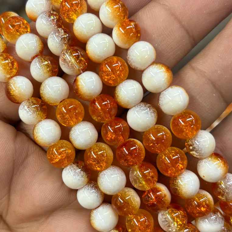 Orange and White Dual Tone Crackle Beads 8mm