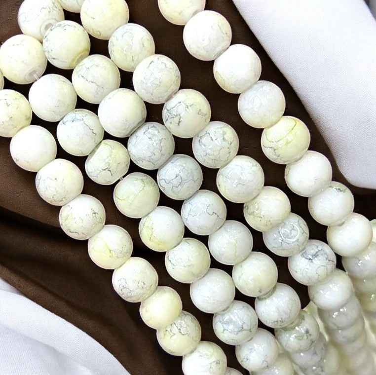 Light Lemon Yellow White Printed Glass Beads 8mm