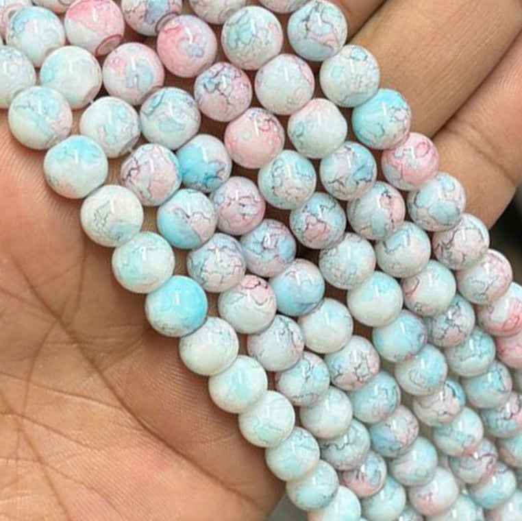 Blue Pink Printed Glass Beads 8mm