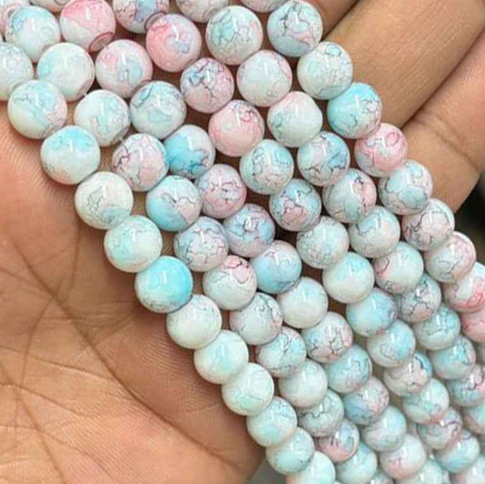 Blue Pink Printed Glass Beads 8mm