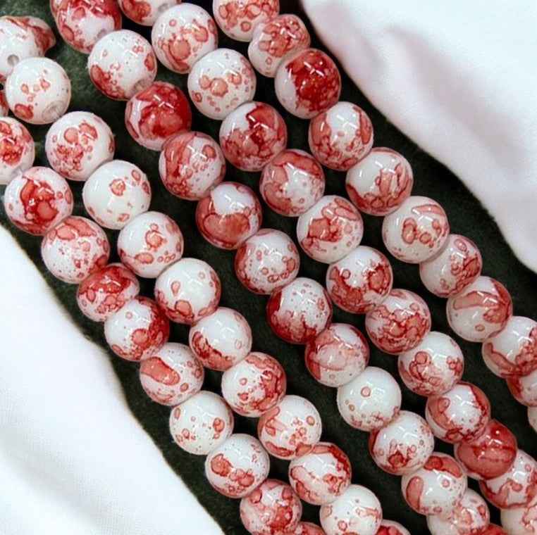 Red and White Printed Glass Beads 8mm