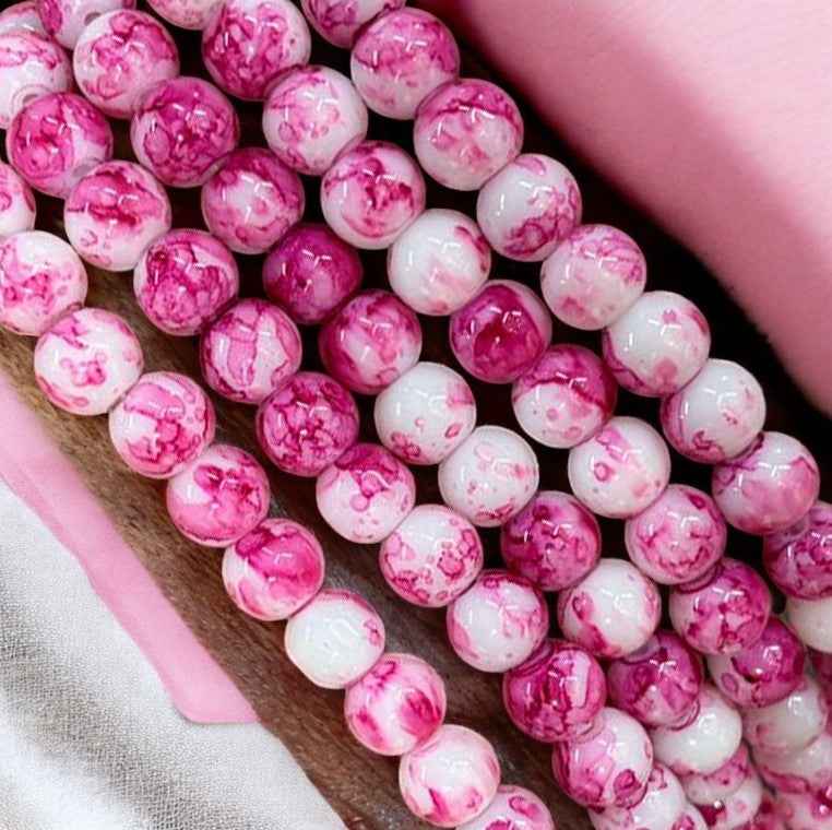 Pink and White Printed Glass Beads 8mm