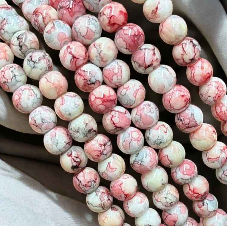 Red and Light Blue Printed Glass Beads 8mm