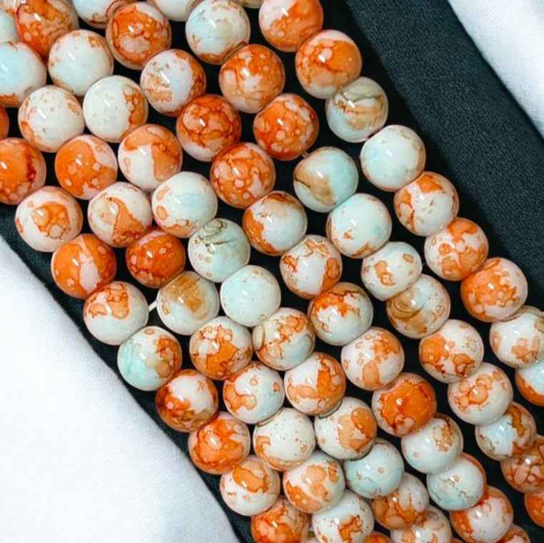 Orange and Light Blue Printed Glass Beads 8mm