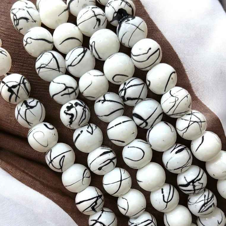 White and Black Printed Glass Beads - 8mm