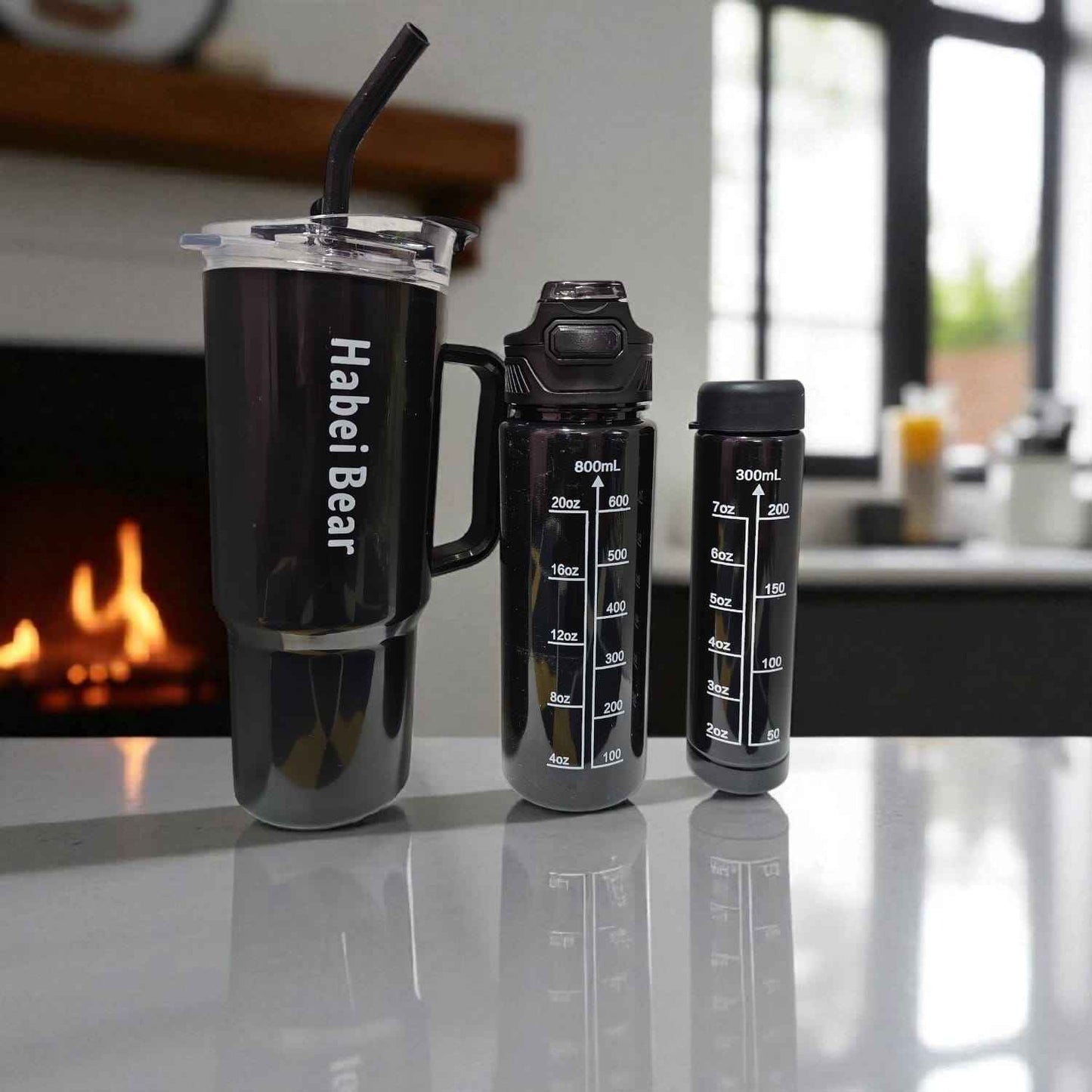 Set of 3 Motivational Water Bottle (2000 ml, 900 ml & 300 ml) - Black color