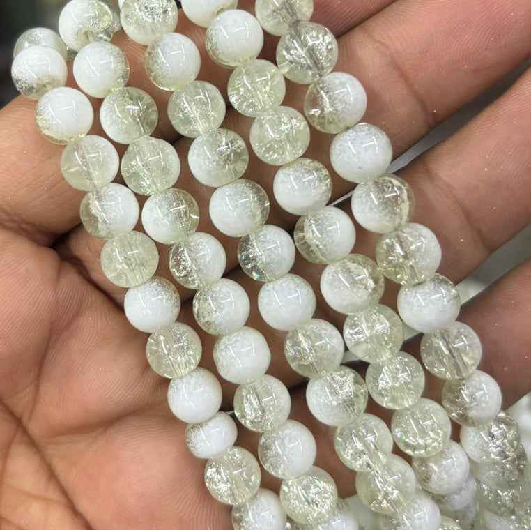 Light Pista Green And White Dual Tone Crackle Beads - 8 mm