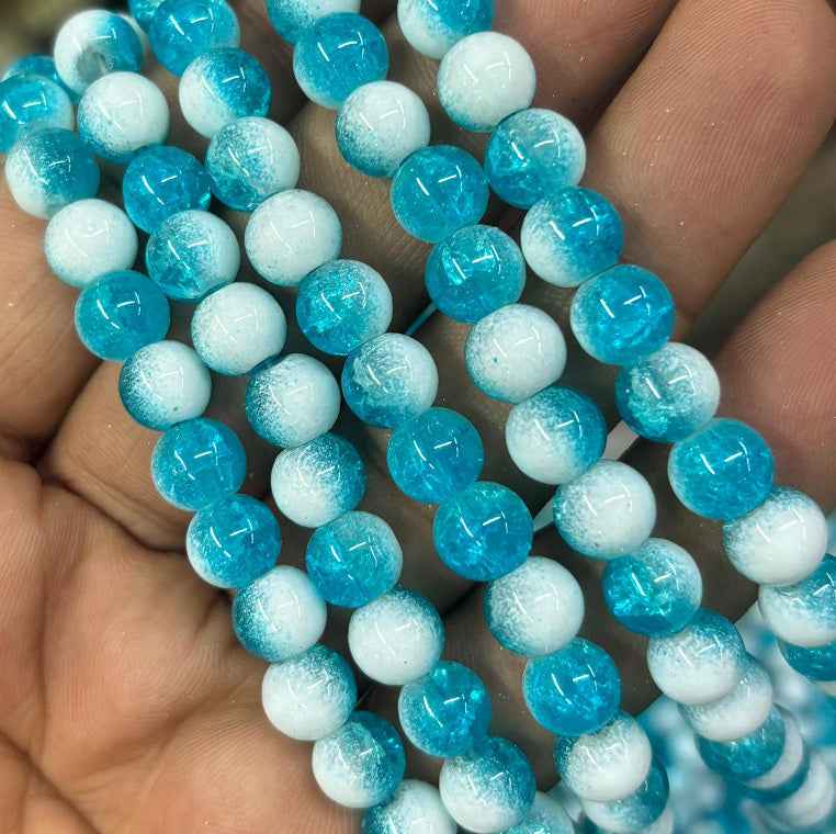 Dark Blue And White Dual Tone Crackle Beads - 8 mm