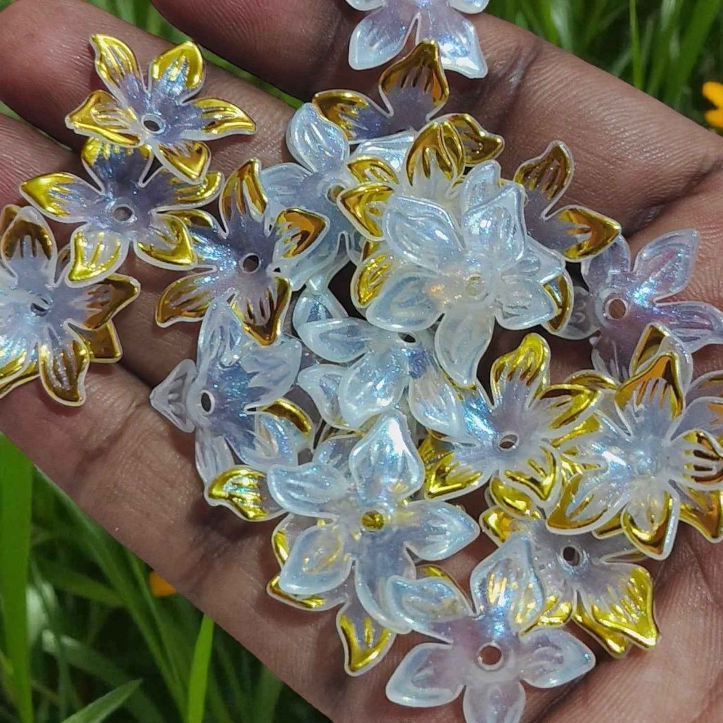 Acrylic Flower Beads with Gold Border (5 Petals) - 10 gms