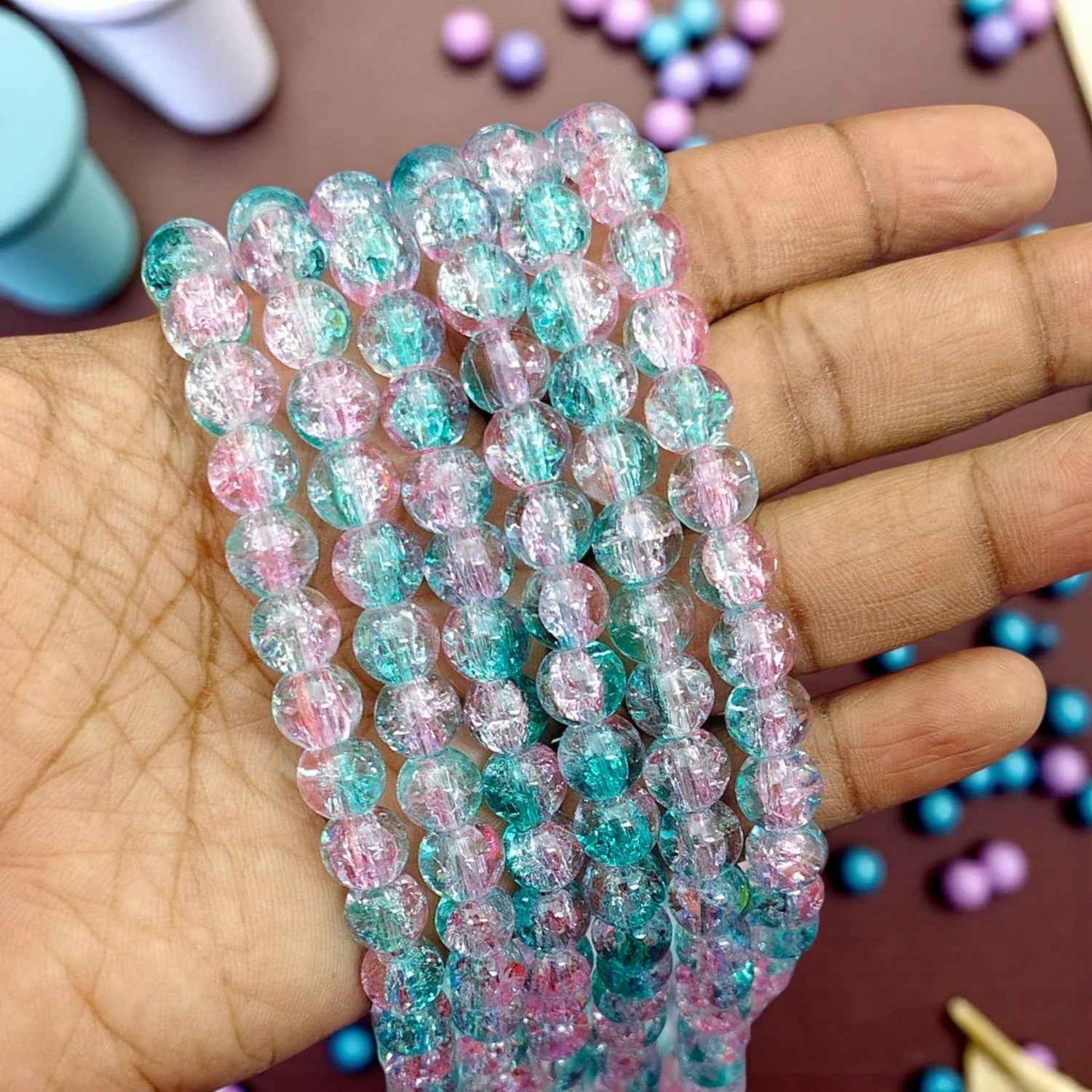 8mm Crackle Beads - Light Peacock Green and Light Pink