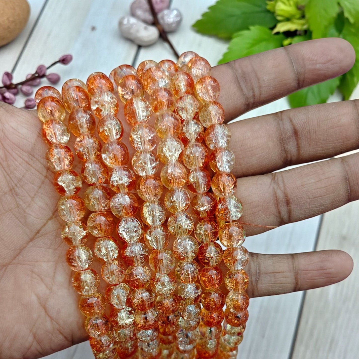8mm orange and light gold crackle glass beads for jewelry making and DIY craft projects