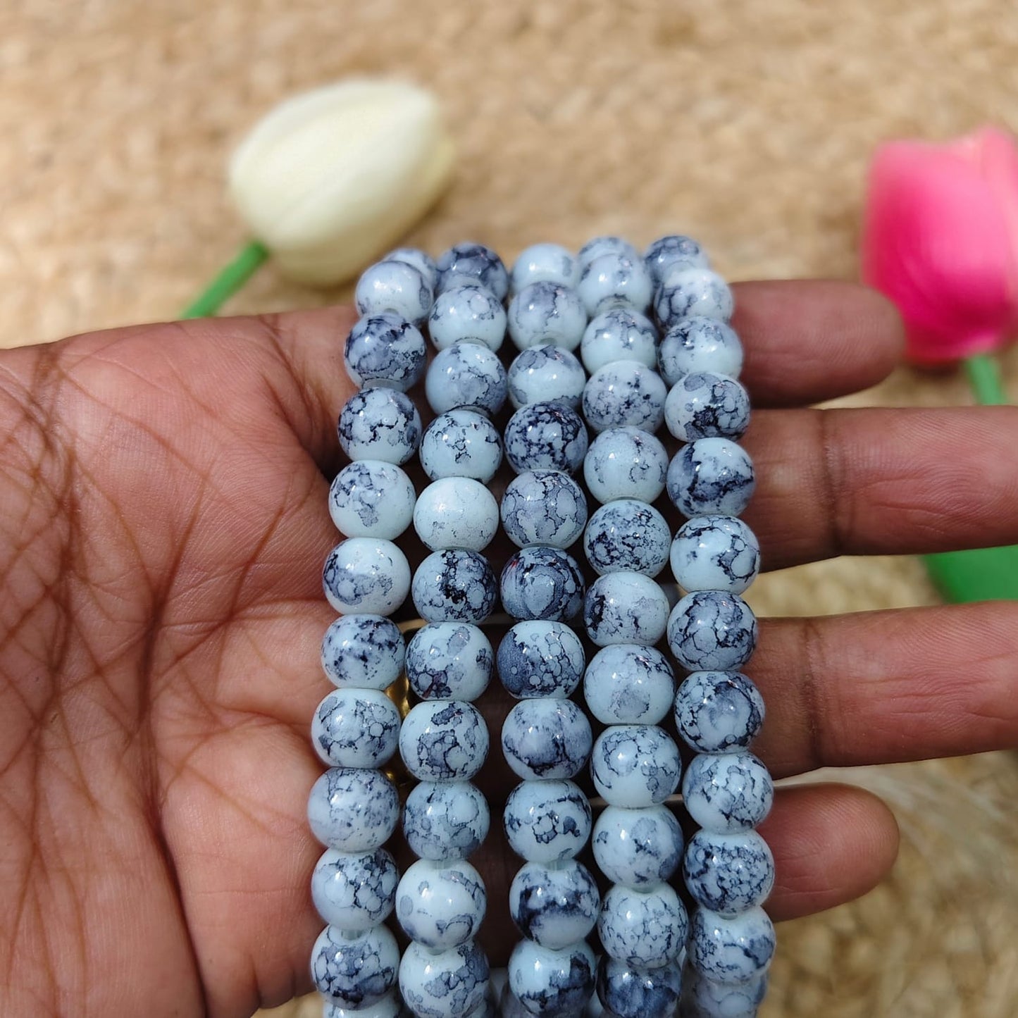 8mm white with ash printed beads with elegant pattern for jewellery making and DIY crafts