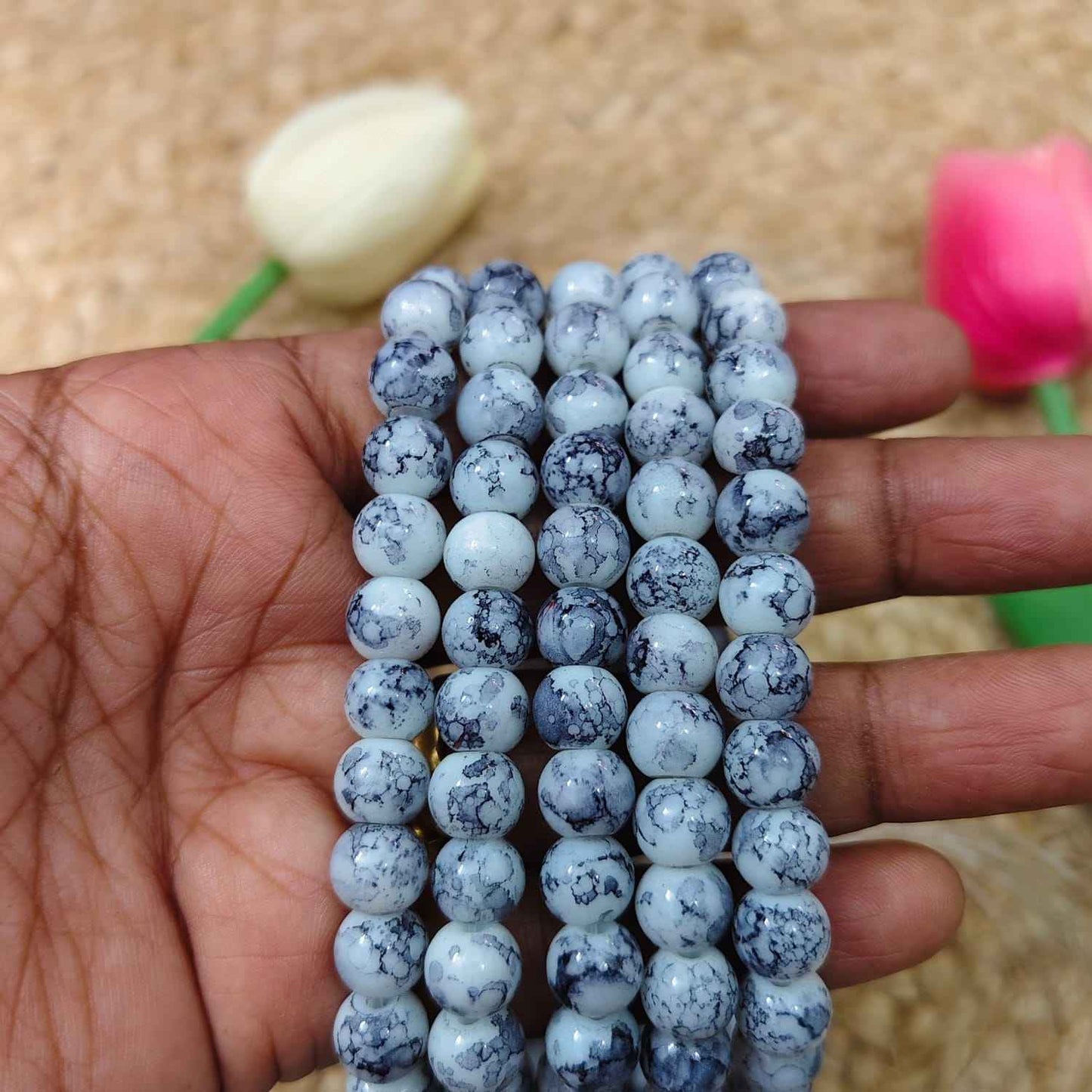 8mm Printed Beads - White with Ash