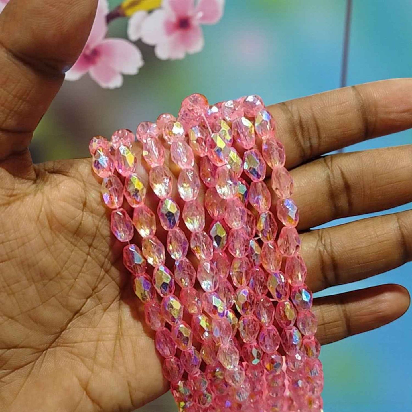 8mm Rainbow Shade Drop Crystal Beads - Light Pink