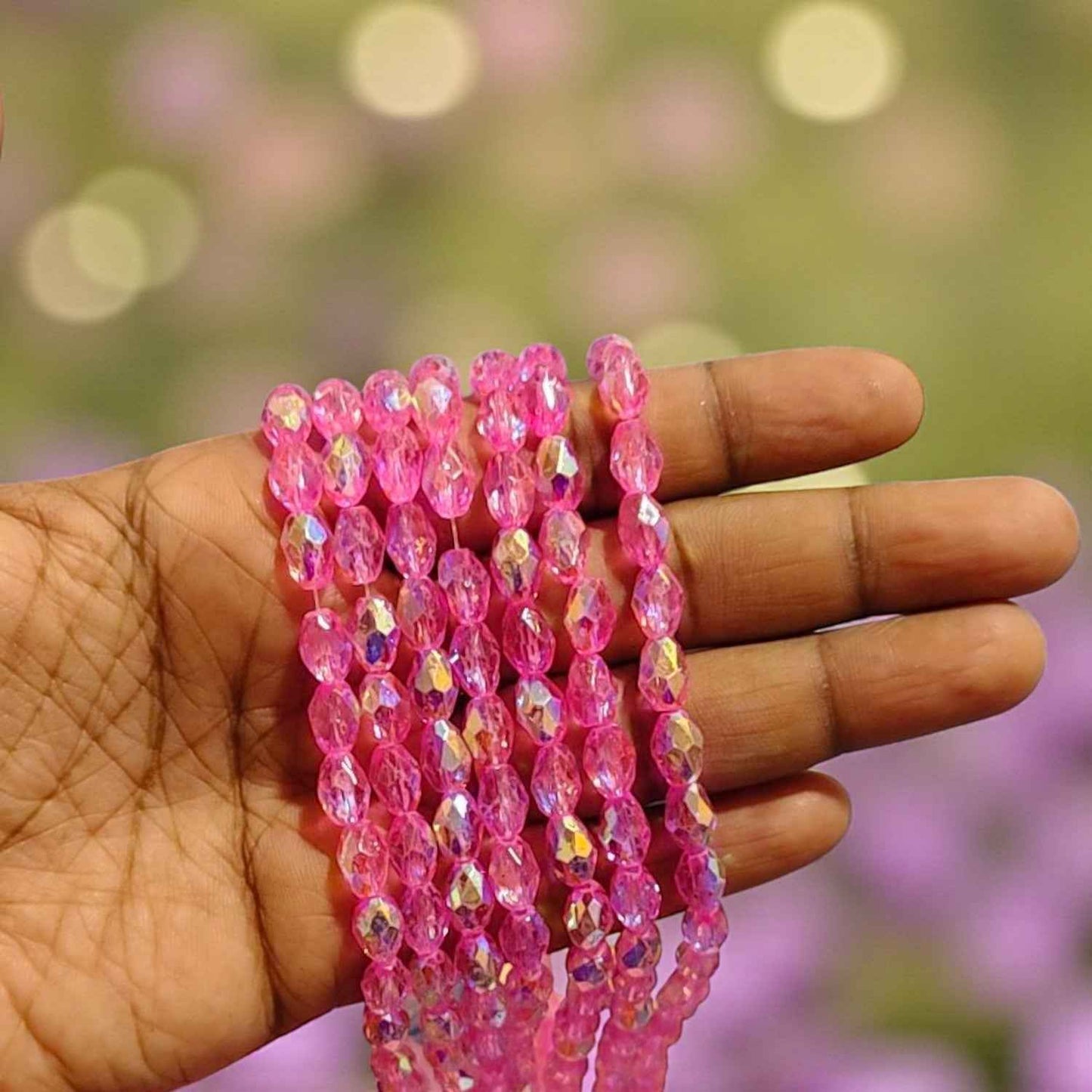 8mm Rainbow Shade Drop Crystal Beads - Bright Pink