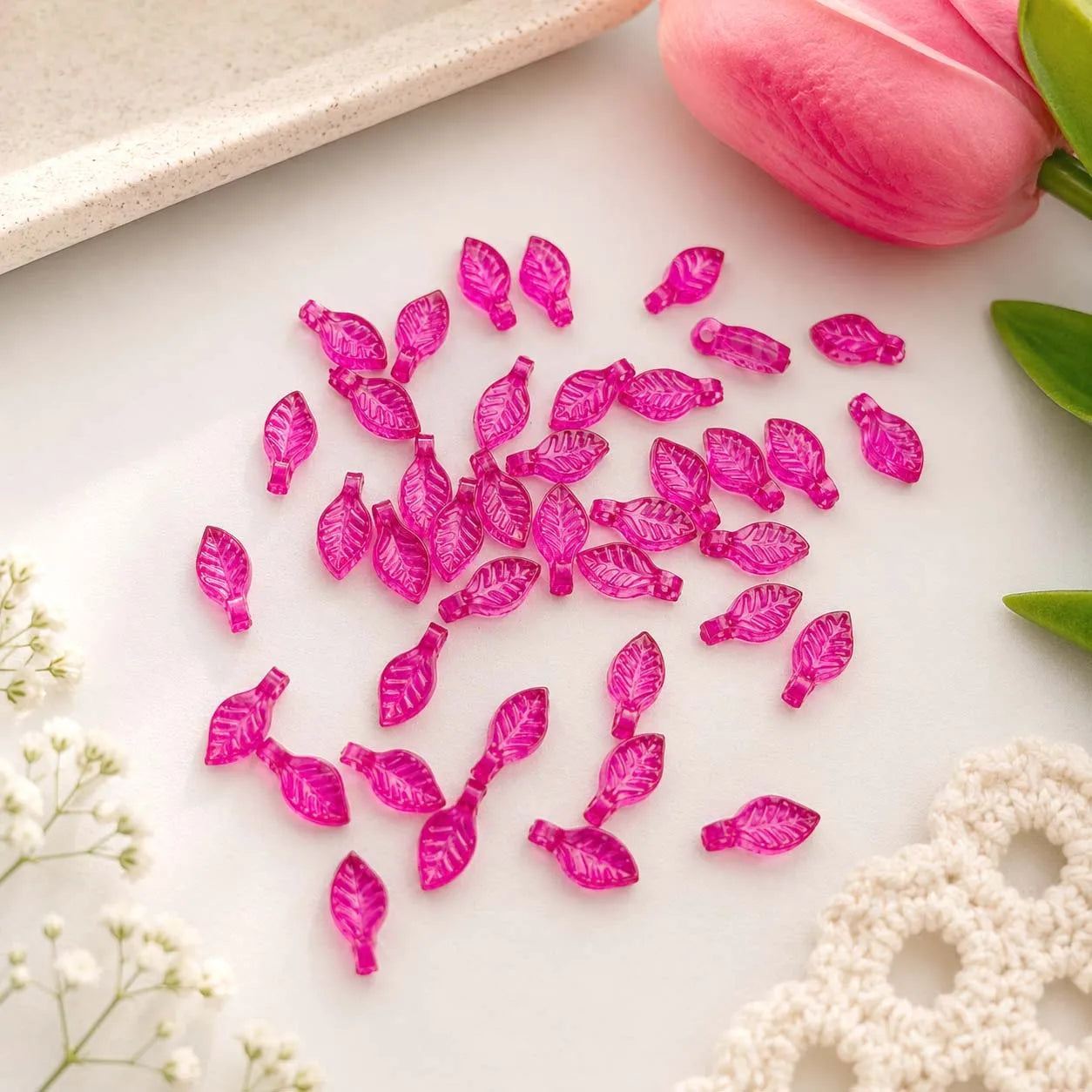 Acrylic Transparent Leaf Beads – Magenta