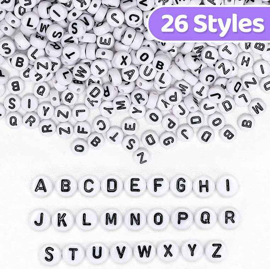 Black and White Alphabet Letters Round Beads - 6mm (Mixed)