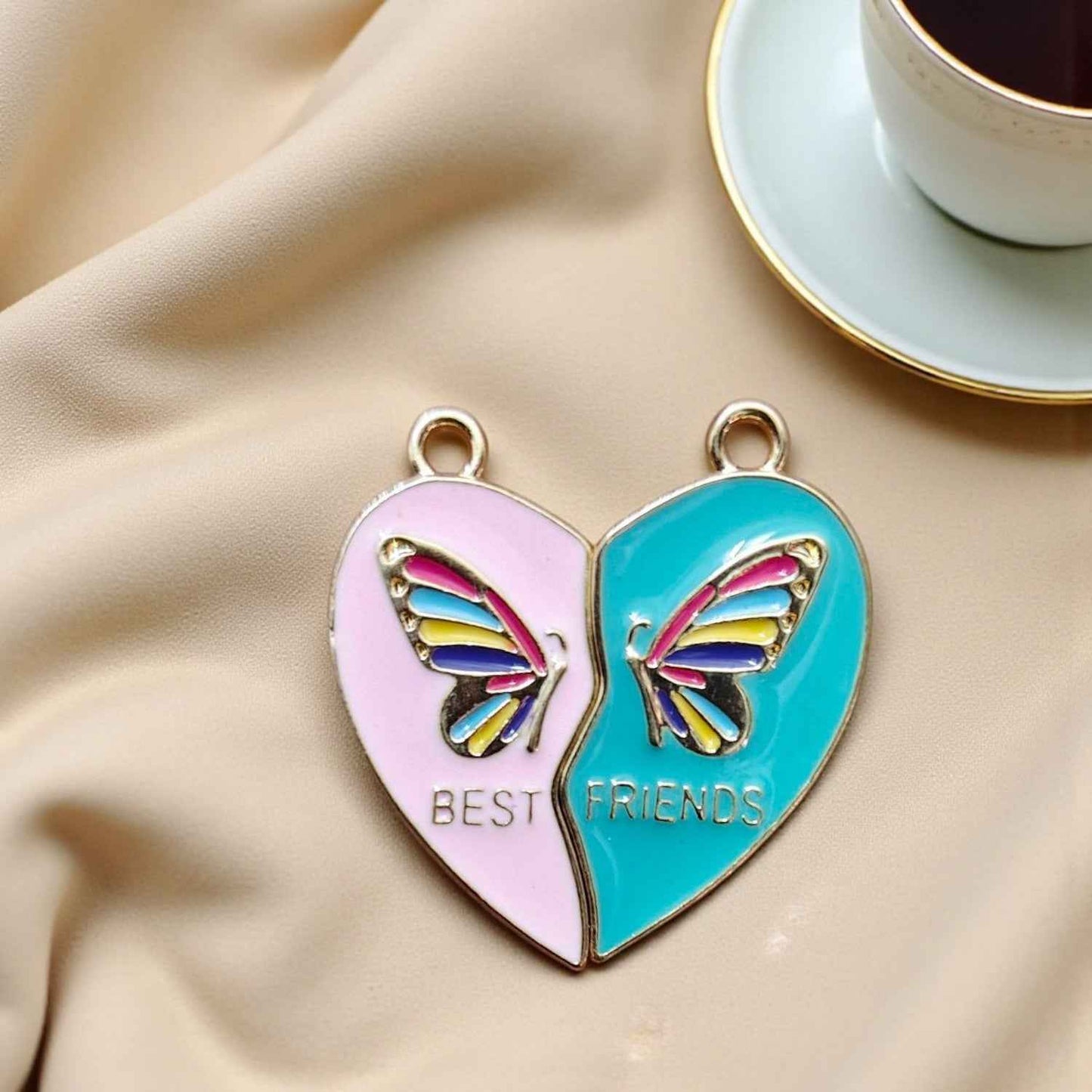 Best Friends Pink and Blue with Butterfly Magnetic Heart Charm (Gold)