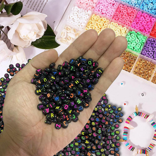 Black and Color Alphabet Beads - 20 grams