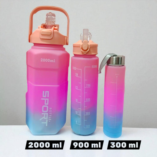 Set of 3 gym motivational water bottles with time markers and motivational quotes, perfect for fitness and hydration goals.