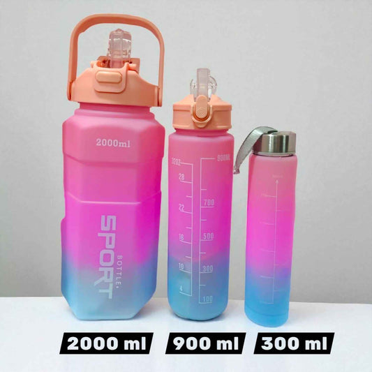 Gym Motivational Water Bottle Set Of 3 (2000 ml, 900 ml & 300 ml) - Pink with Blue