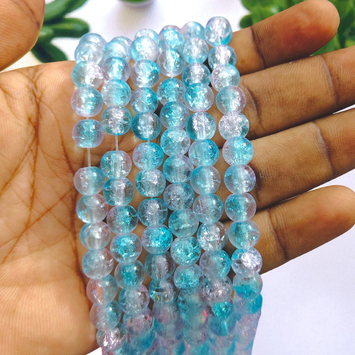 Blue and light pink multi crackle beads with a shiny dual-tone crackled texture for jewelry and craft making