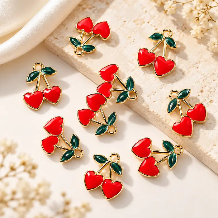 Cherry Heart Charms with Red Cherries and Green Leaves