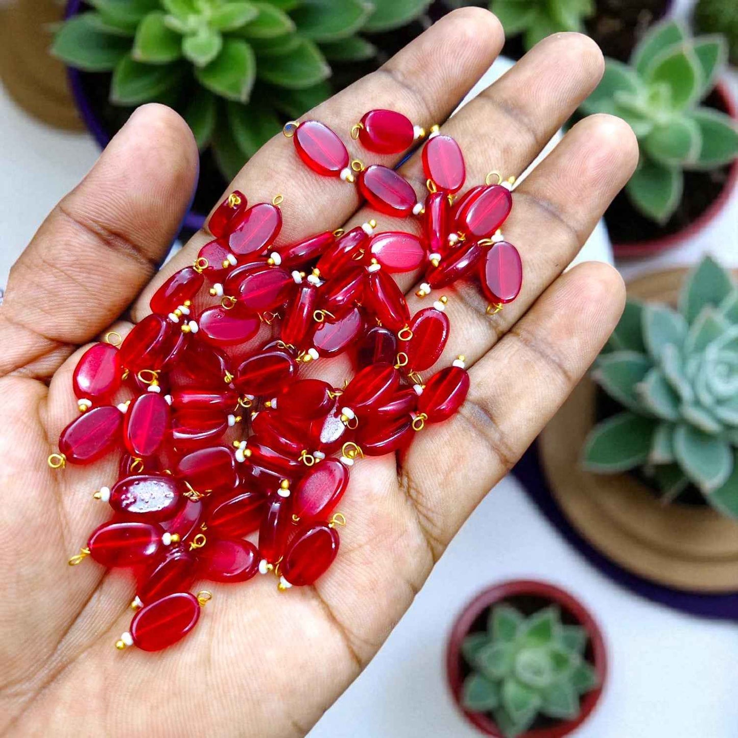 Red - Flat Oval Glass Hanging Beads for Jewelry Making - 10 Pcs