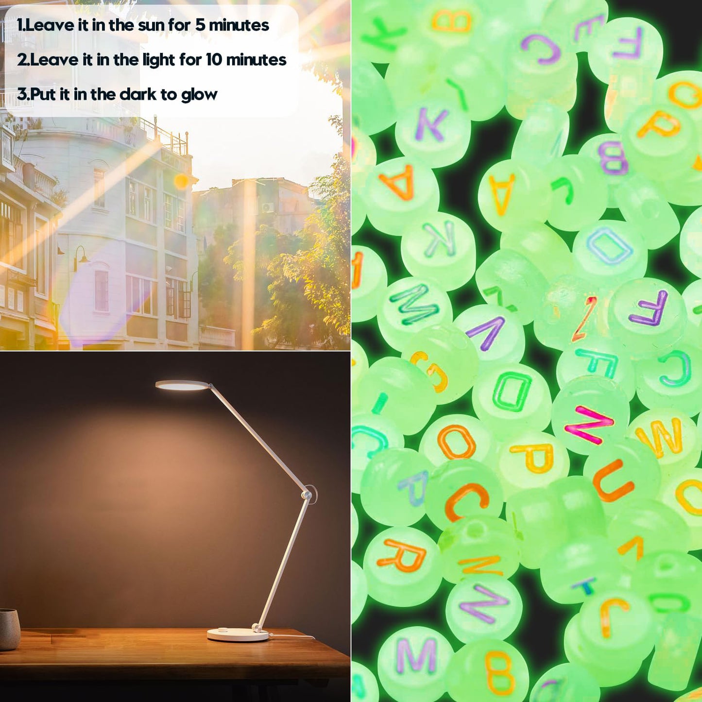 Round Alphabet Beads Glow in the Dark - Mixed Letter - 20 grams
