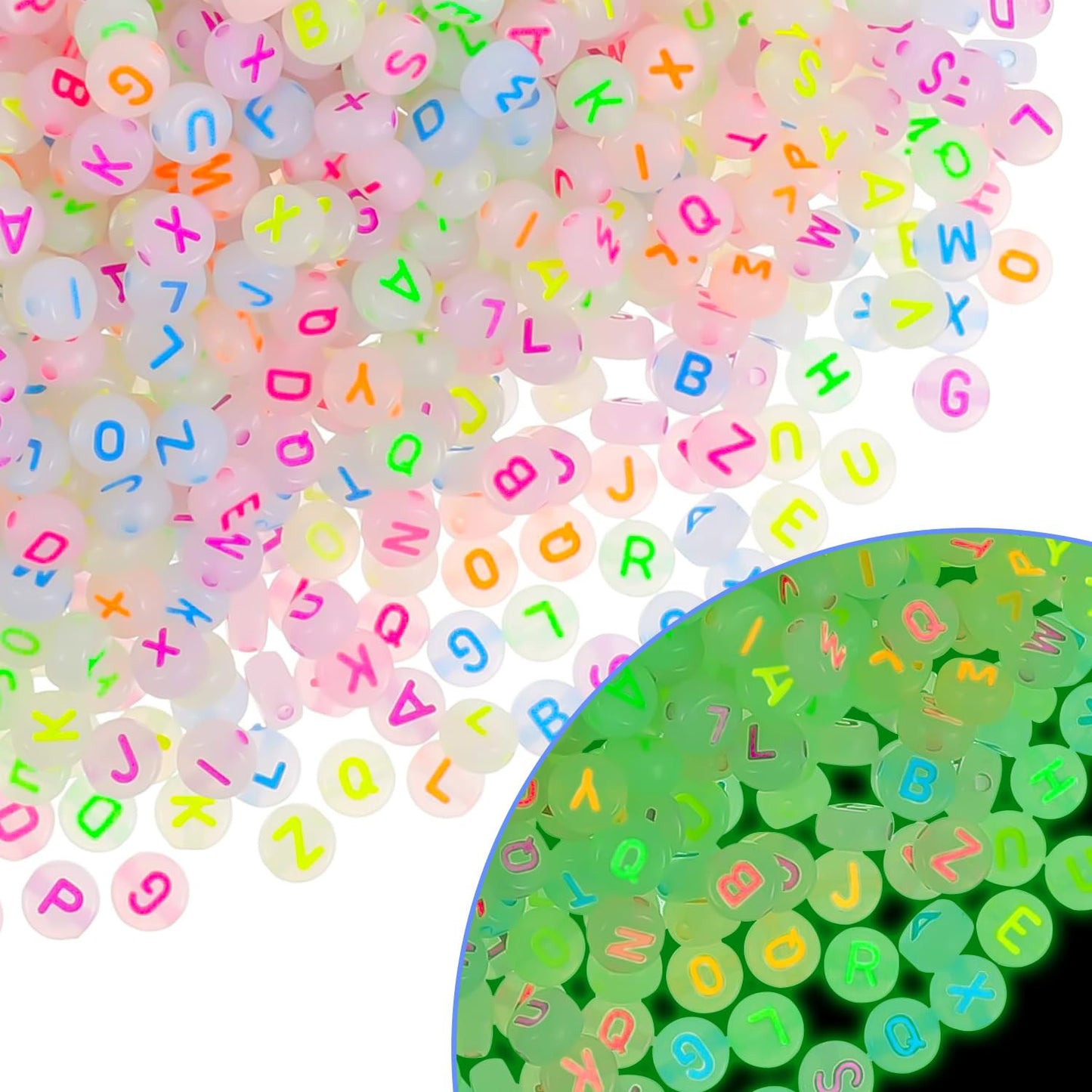 Round Alphabet Beads Glow in the Dark - Mixed Letter - 20 grams