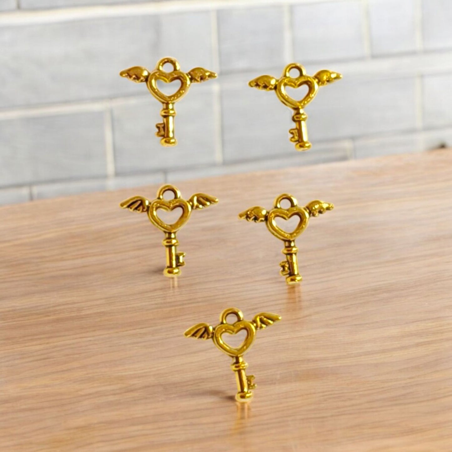 Golden Key Heart Wings Metal Charm - 10 Pc
