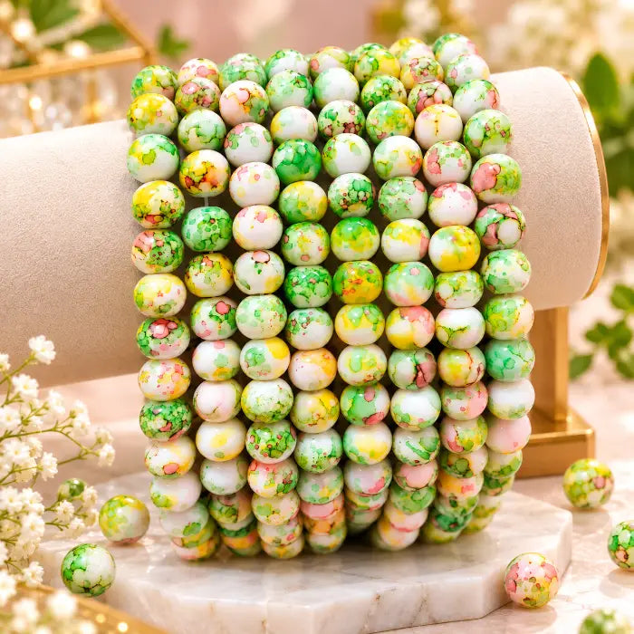8mm Green Yellow Printed Beads