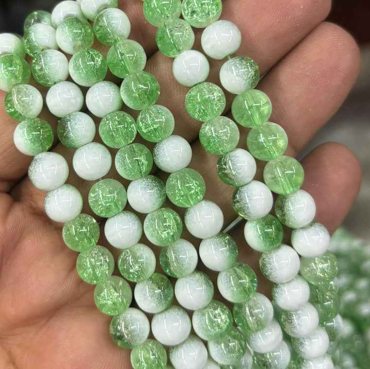 Green And White Dual Tone Crackle Beads - 8 mm