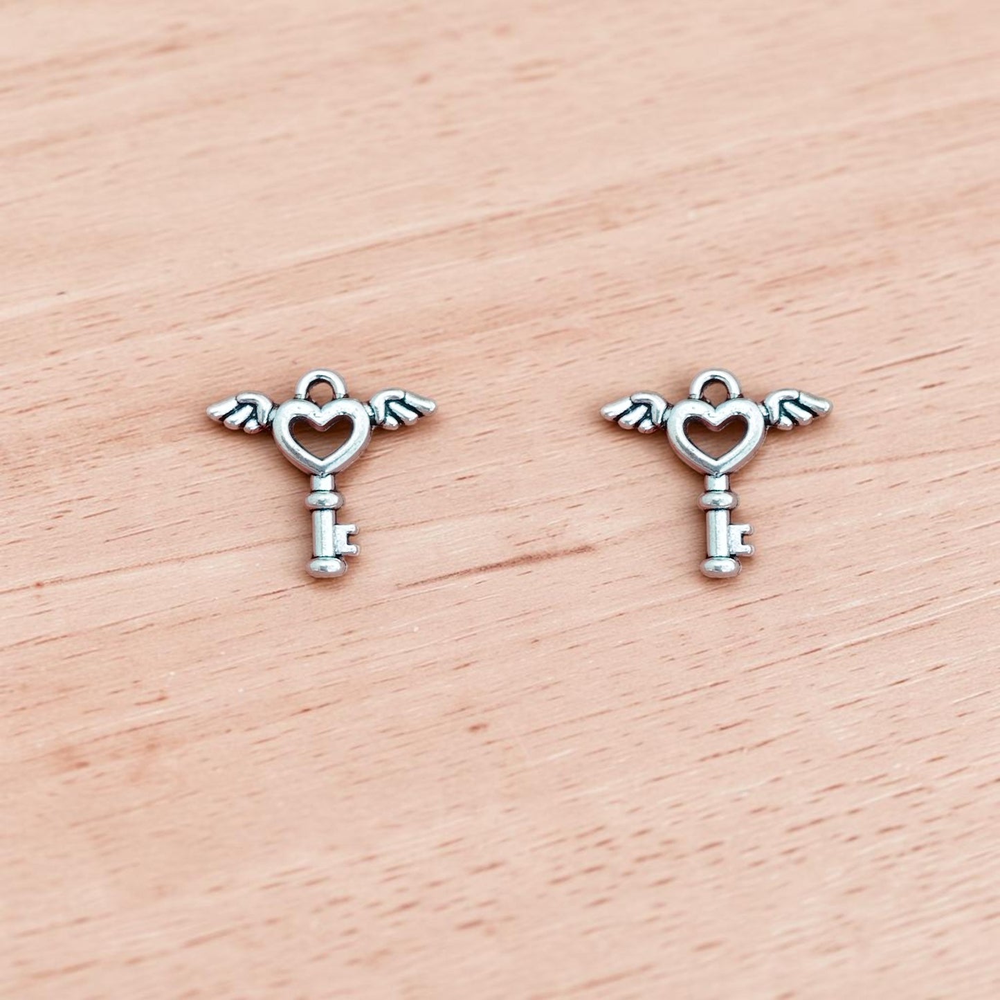 Heart Wings Key Silver Charm