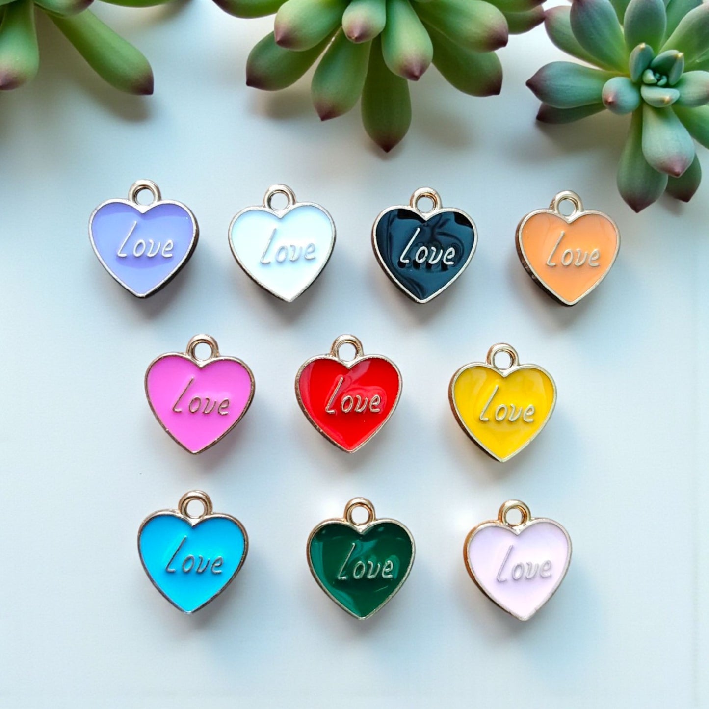 Multicolor heart enamel charms with love words for bracelets and DIY jewellery making