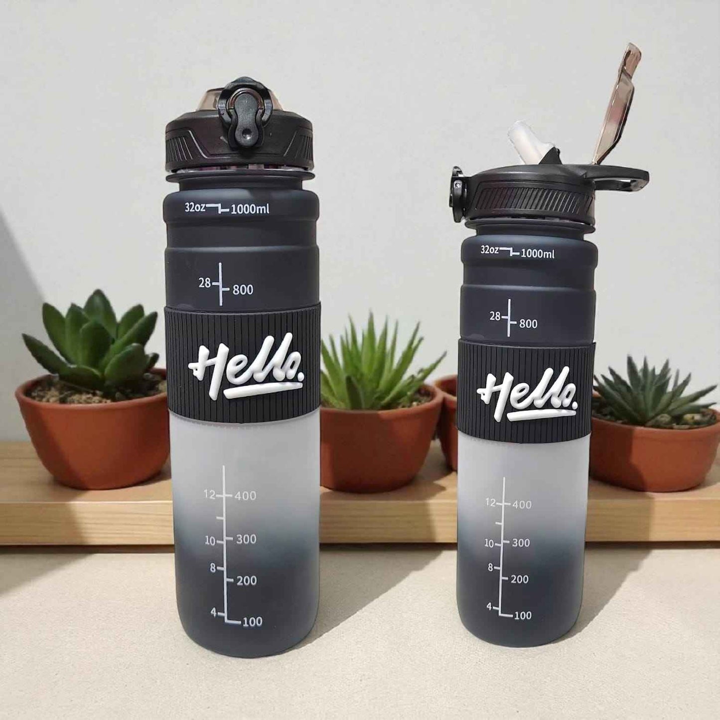 Gym Motivational Hello Water Bottle (1000 ml) - Black and White