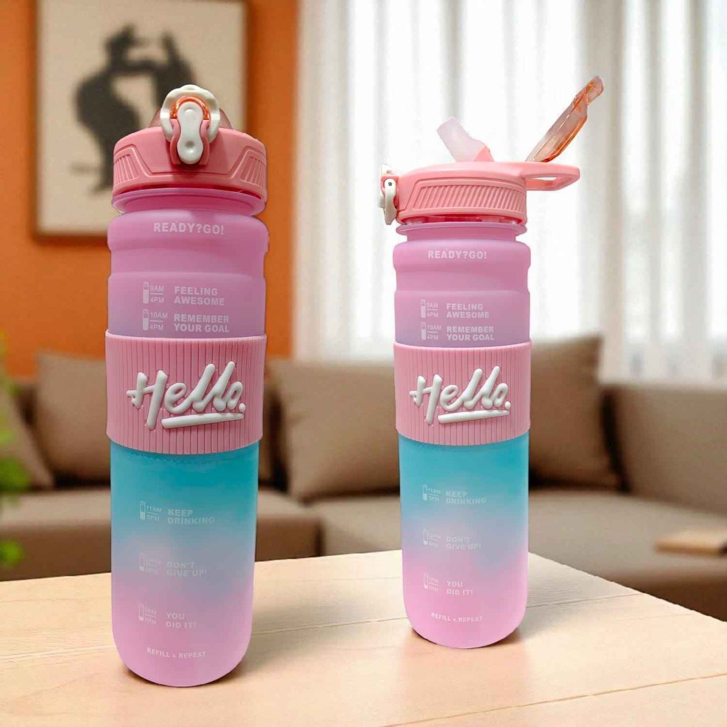 Gym Motivational Hello Water Bottle (1000 ml) - Pink and Blue