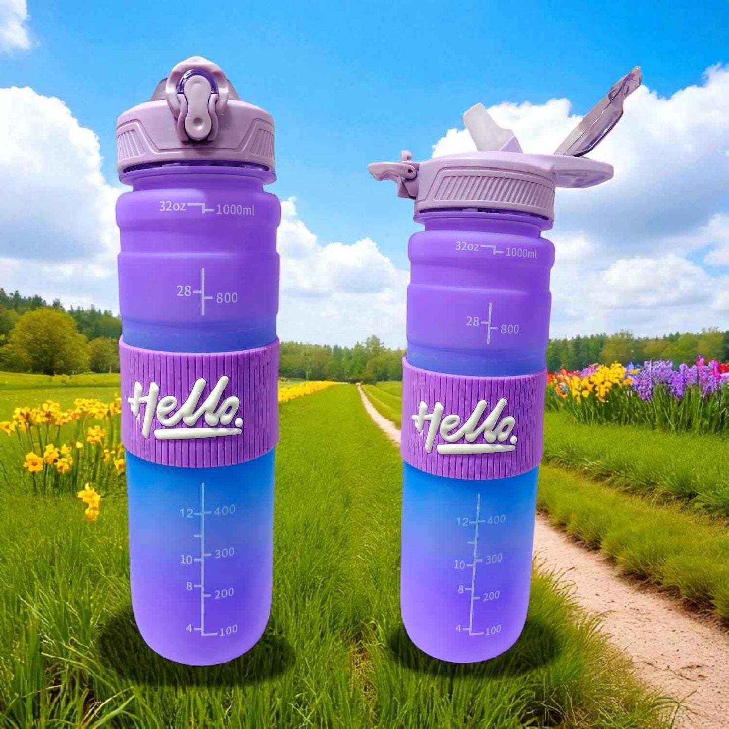 Gym Motivational Hello Water Bottle (1000 ml) - Purple and Blue