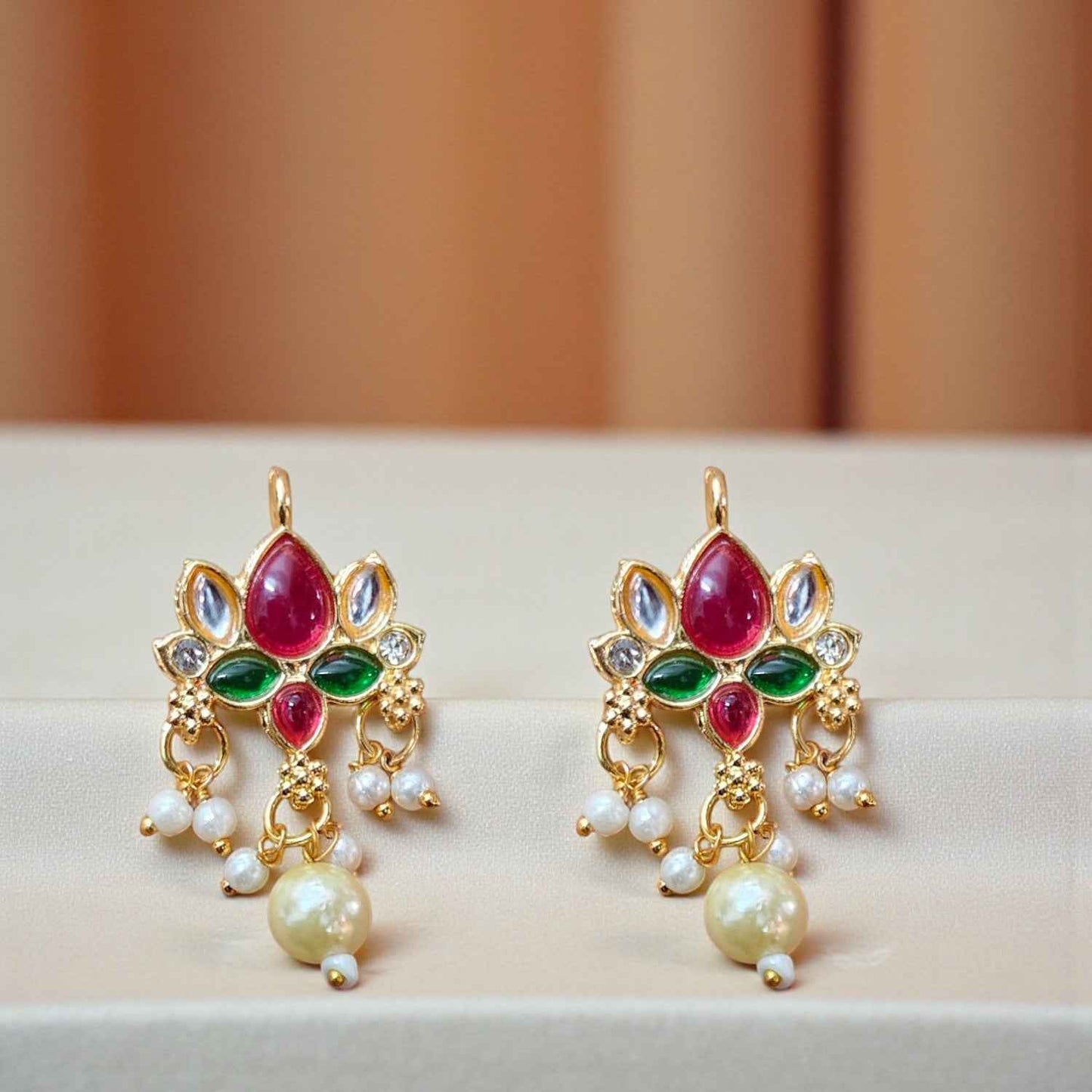 Kundan Lotus Pendant With Pearl – Pink and Green (1 Pc)