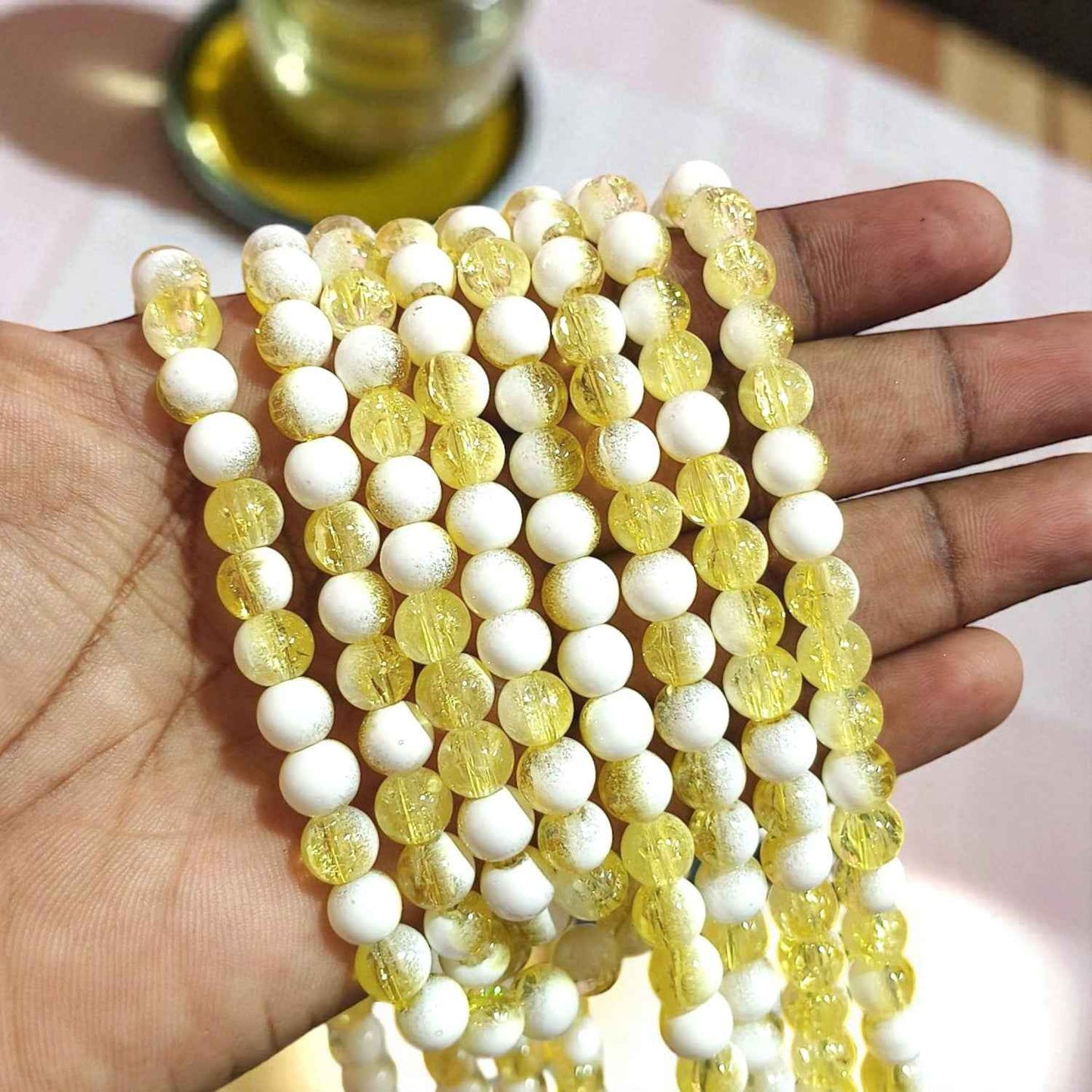 Crackle Beads 8 mm - Lemon Yellow and Milky White Dual Tone