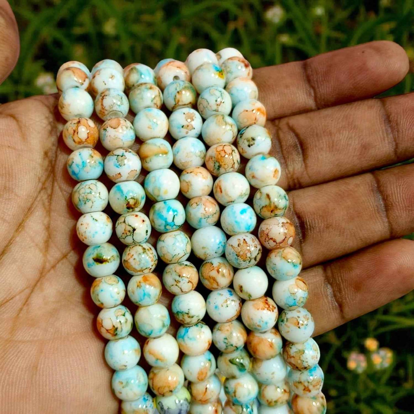 Printed Beads 8 mm - Orange with Blue