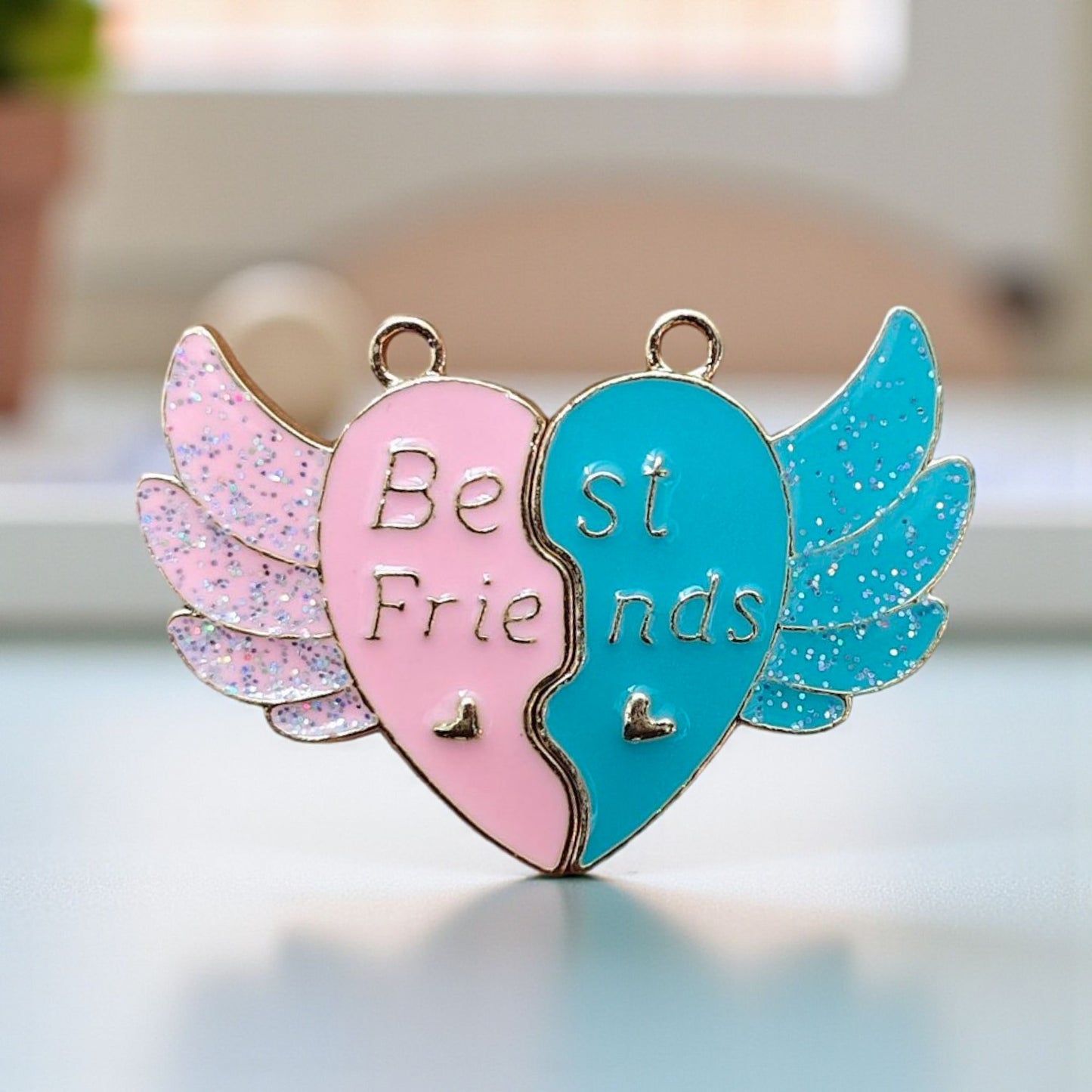 Best Friends pink and blue magnetic heart charm with wings for friendship accessories