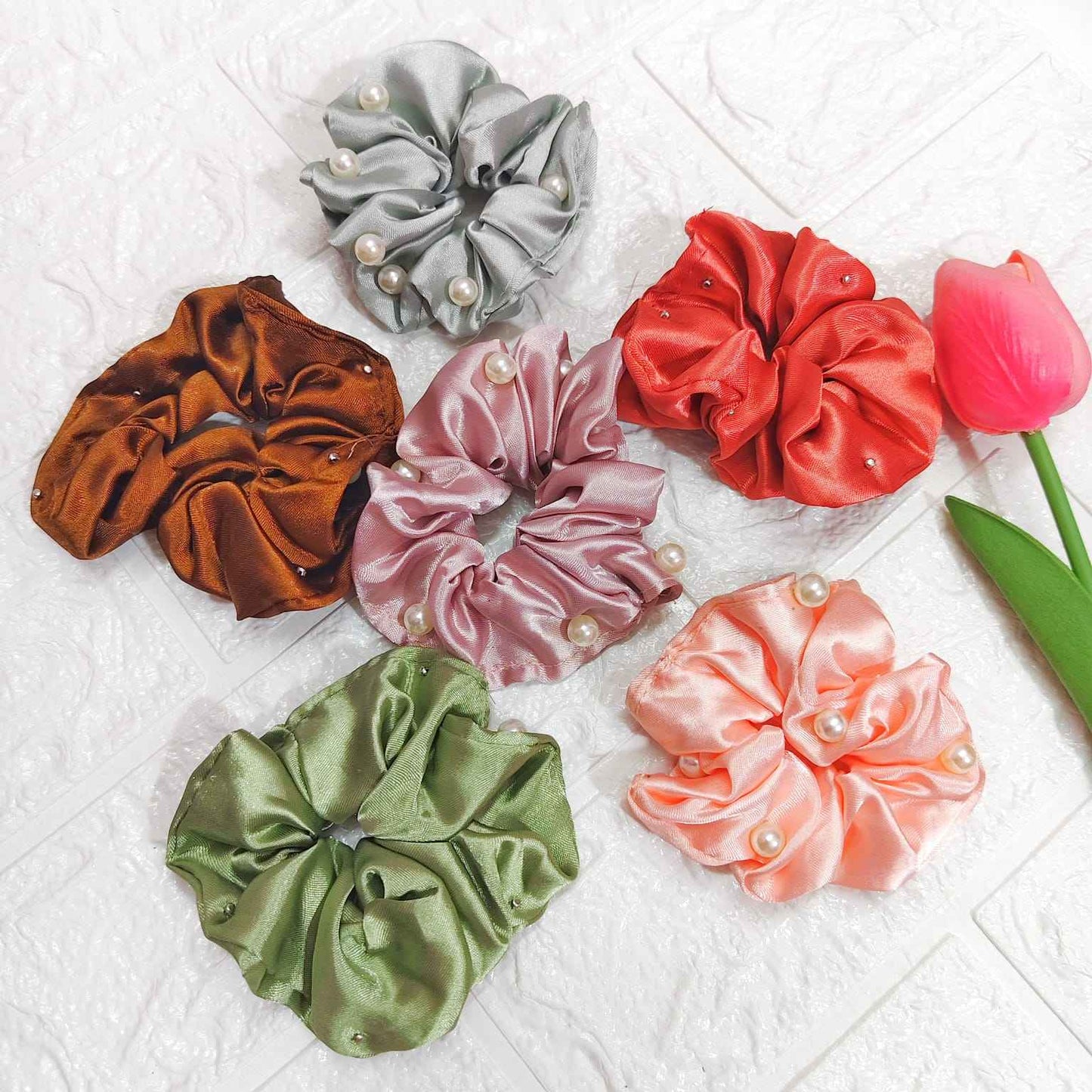 Multicolor Satin Scrunchies (Set of 6 Pcs)