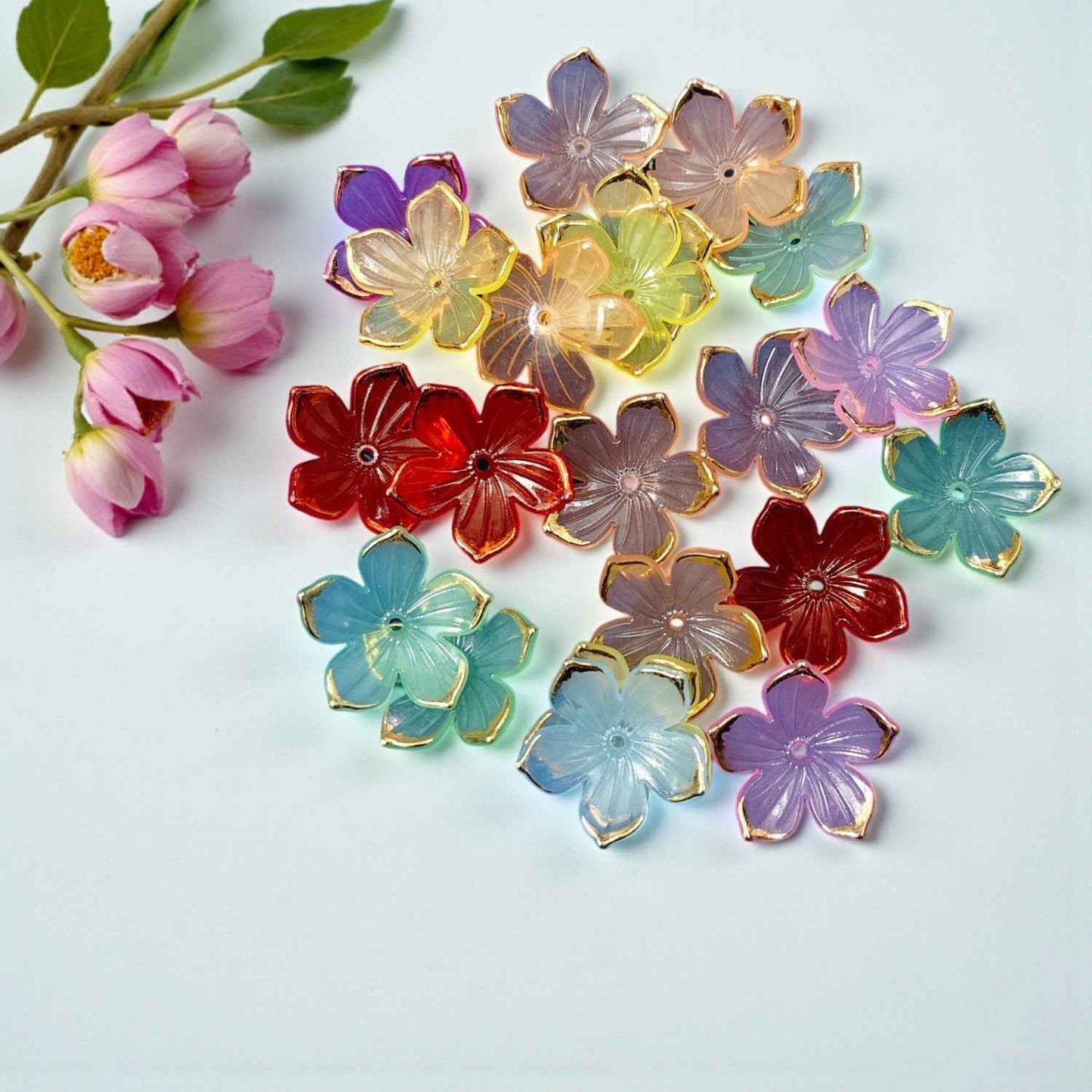 Multicolor Acrylic 5 Petals Flower With Gold Border (Type II) - 10 gms