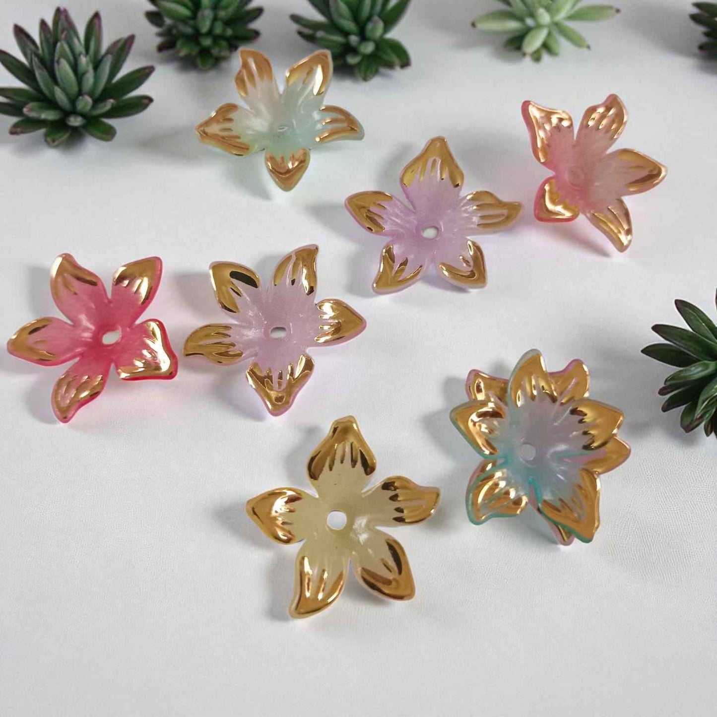 Multicolor Acrylic Flower Beads with Gold Border (5 Petals) - 10 gms