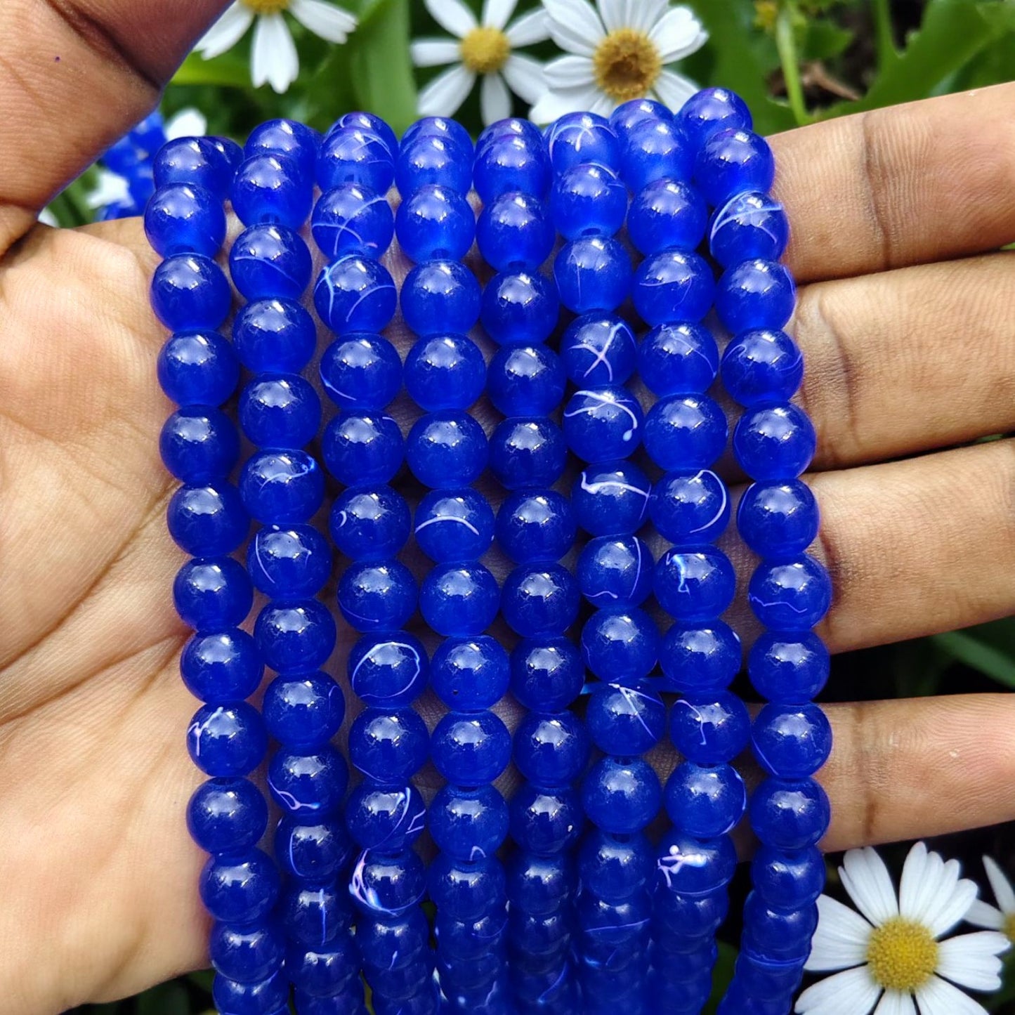 Navy Glass Beads with white stripes - 8mm