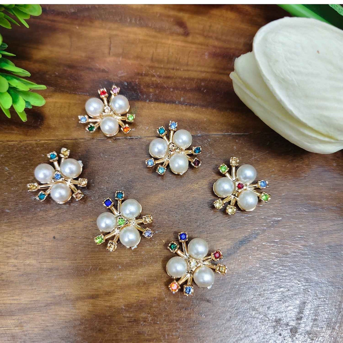 Pearl Flower Beads with Multicolor Stone (Gold) for Jewellery Making - 1 Pc