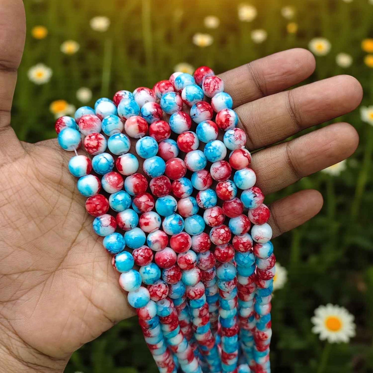 Printed Beads - Dark Blue with Red